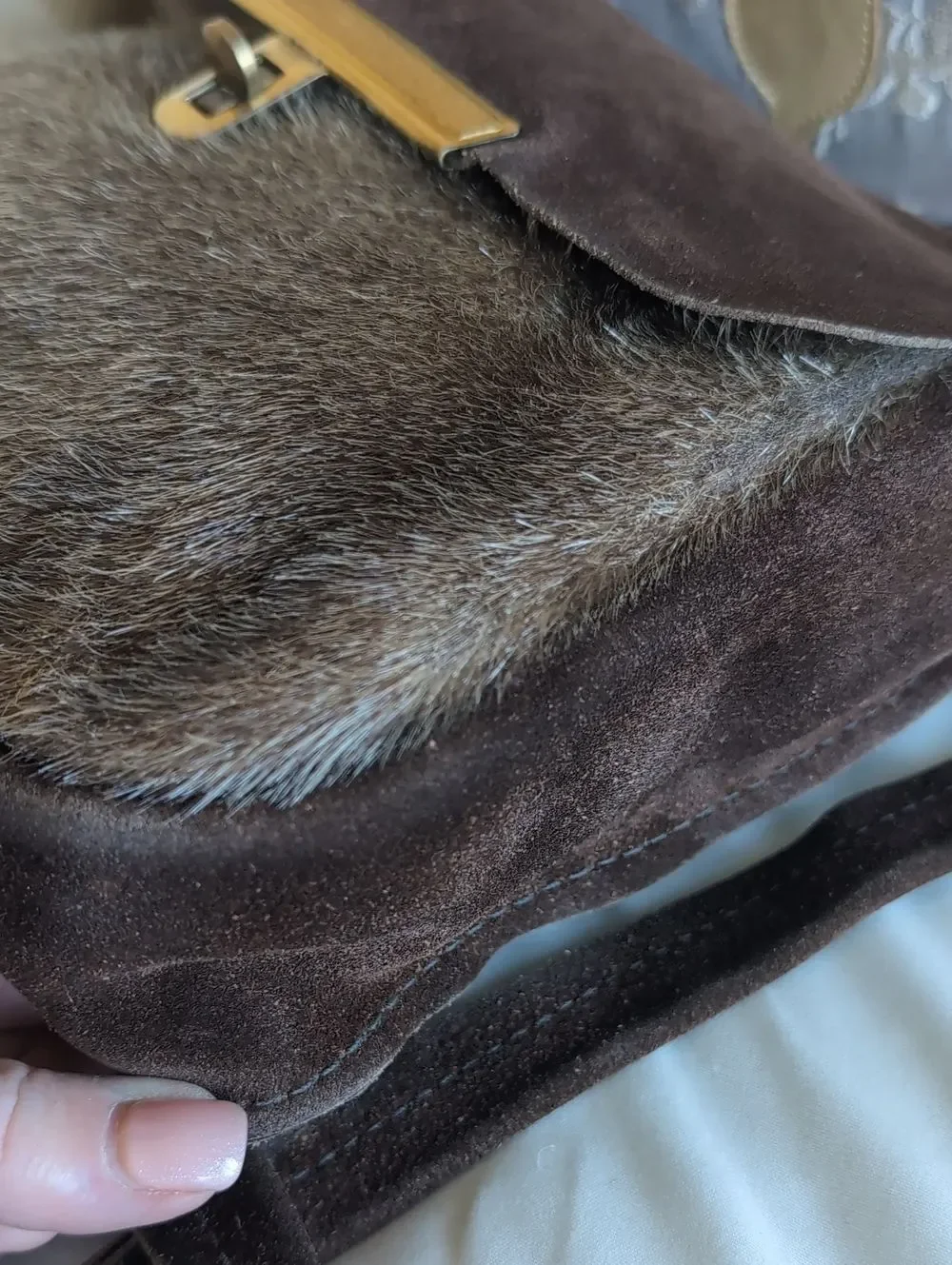 60's Vintage Brown Suede- Hair On Hide Brass Turn Lock Hip Crossbody Bag